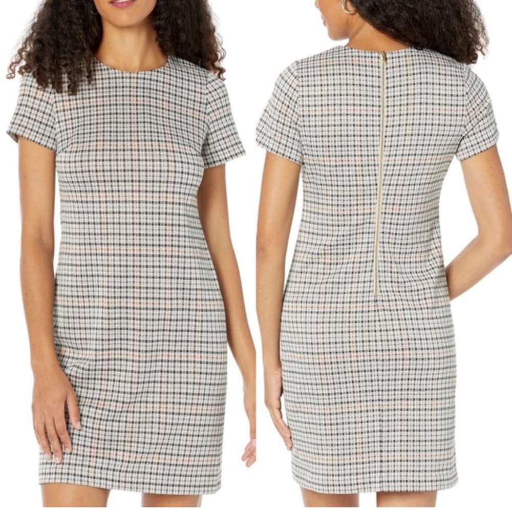 NWT Calvin Klein Dress Sz 10 Beige Houndstooth Ponte Shift Exposed Zipper Career
